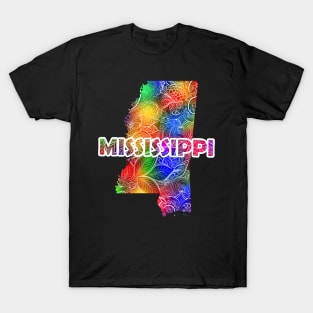 Colorful mandala art map of Mississippi with text in multicolor pattern T-Shirt